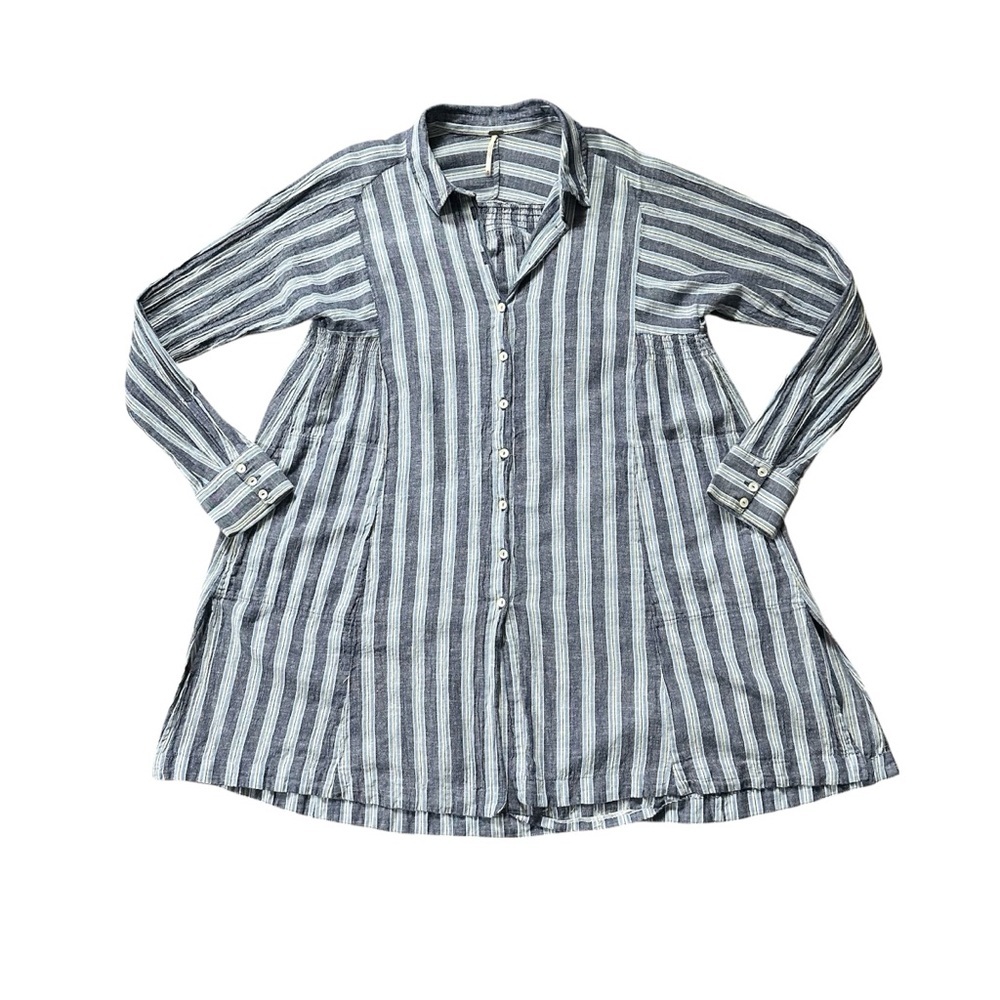 Free People Audrey Stripe Linen Blend Button Down Shirt Dress Size Medium - Picture 5 of 10